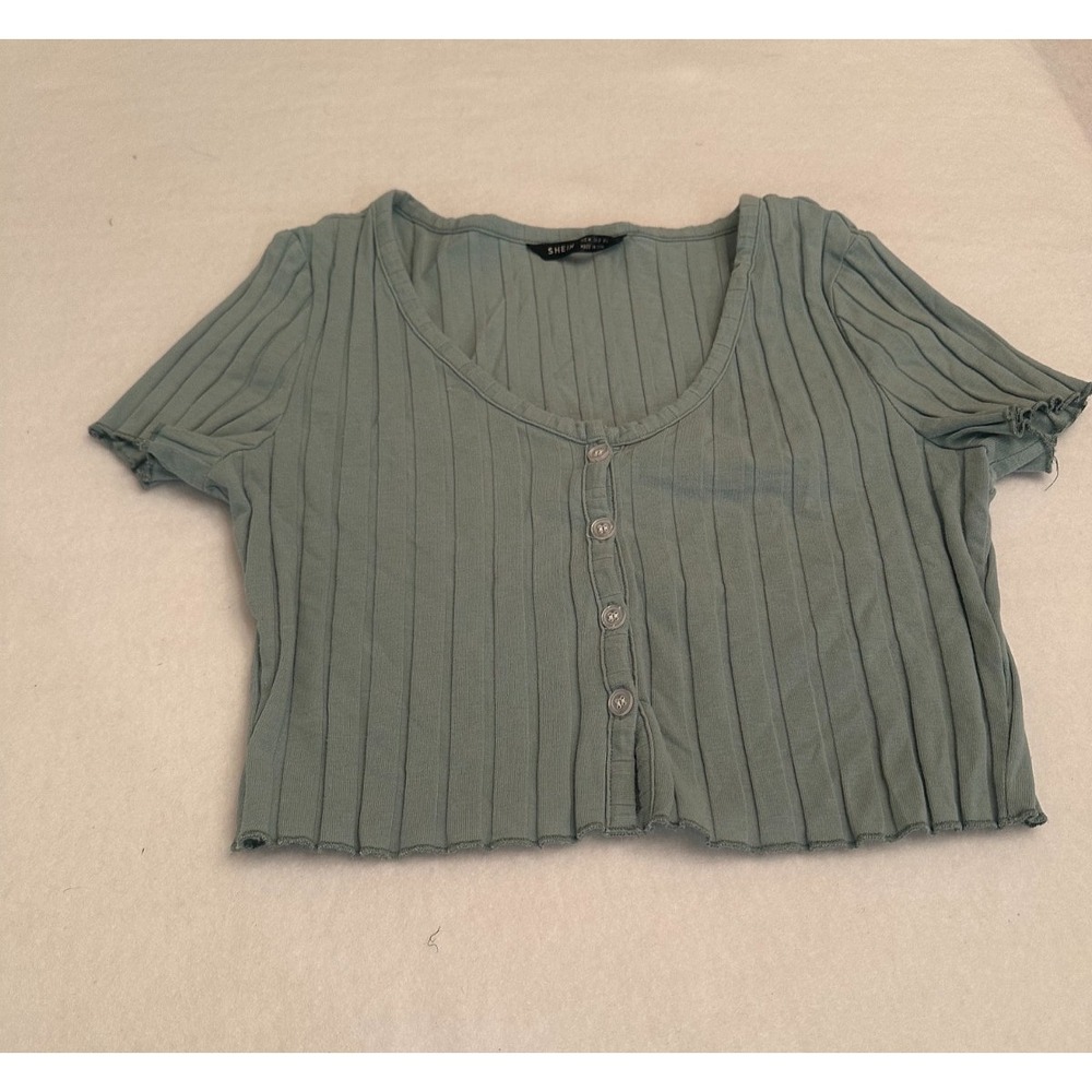 SHEIN Crop Top Womens Medium Sage Green Ribbed Button Up Short Sleeve Cotton Y2K